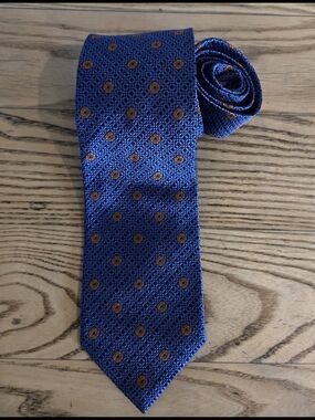 Hickey Freeman Classic Blue Men's Tie with Orange Dot Pattern